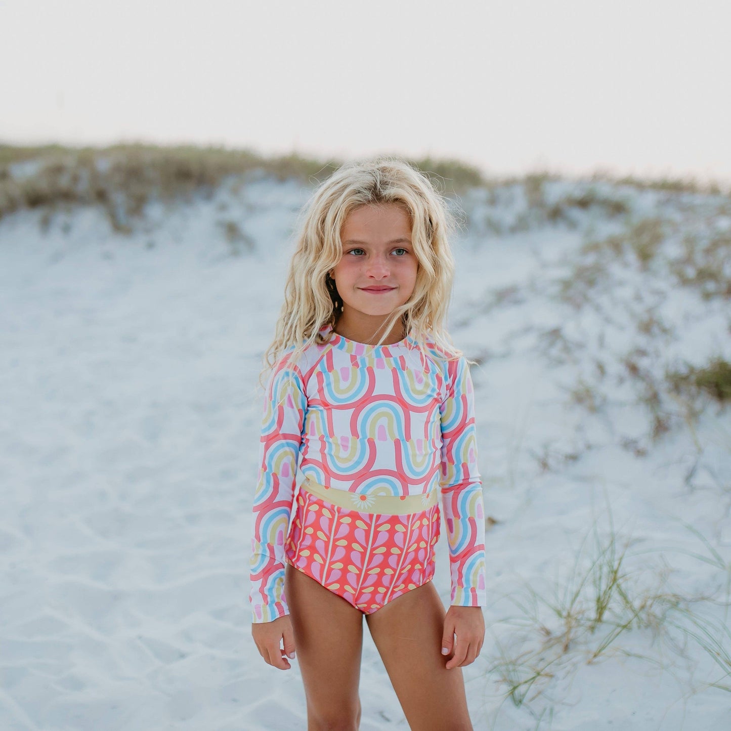 Kids Coral Rainbow Row Zip Rash Guard One Piece Swimsuit