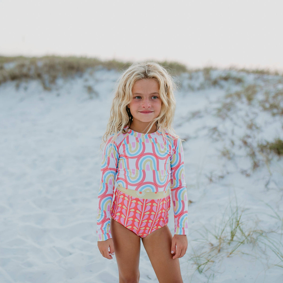 Kids Coral Rainbow Row Zip Rash Guard One Piece Swimsuit