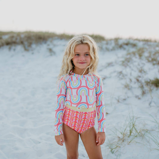 Kids Coral Rainbow Row Zip Rash Guard One Piece Swimsuit