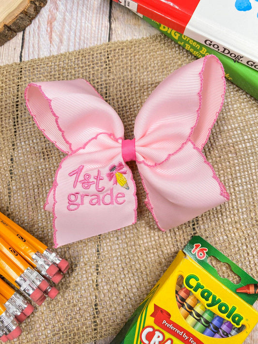 School Grade Embroidered Pencil Moonstitch Bow | Pre-K to 5th Grade: 1st Grade