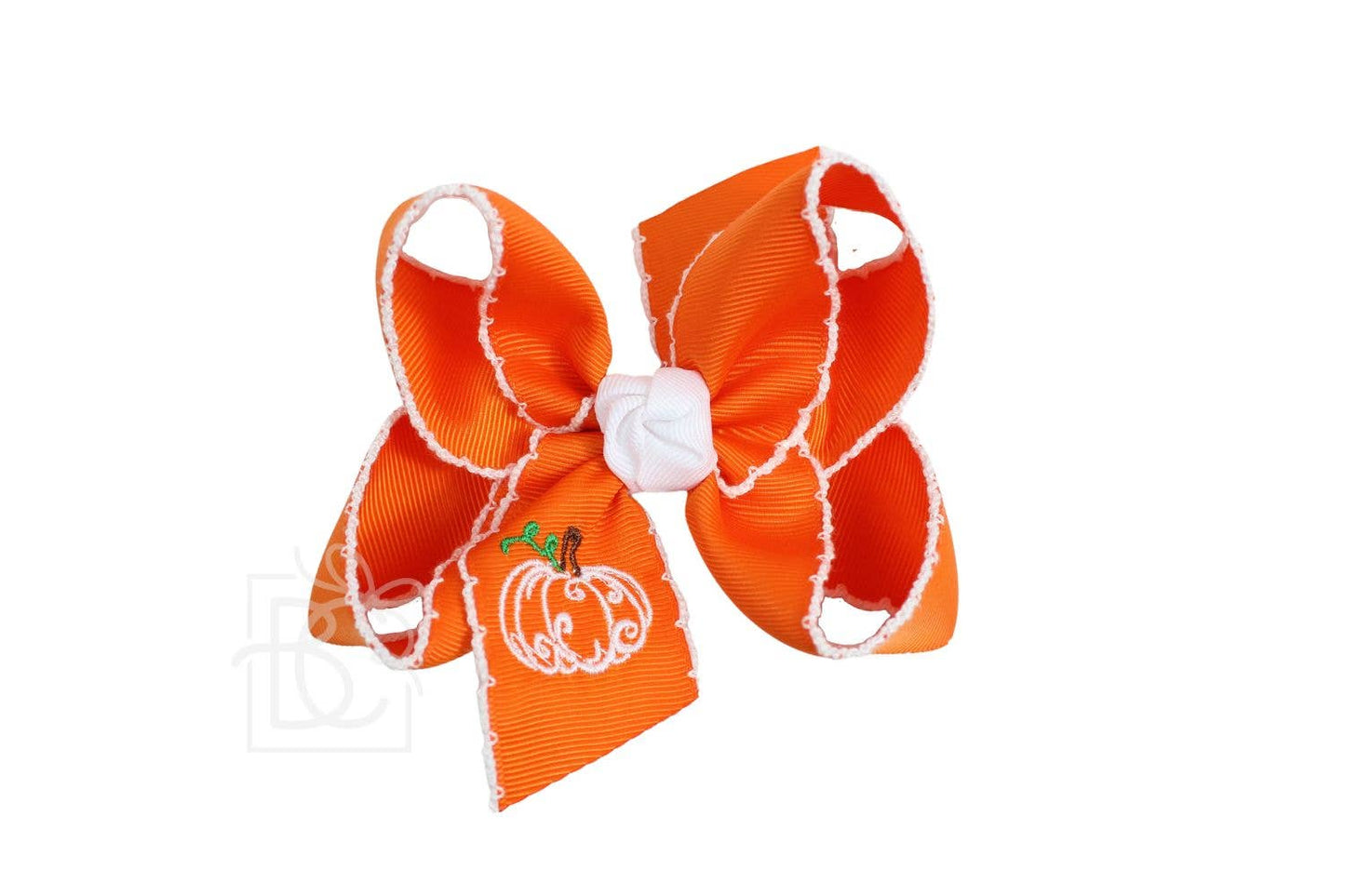 Embroidered Pumpkin Crochet Edge Bow: White-Millennium Blue Crochet Edge w/ Embroidered Orange Pumpkin / 5.5" Huge - 2.25" Crochet Edge Grosgrain Ribbon