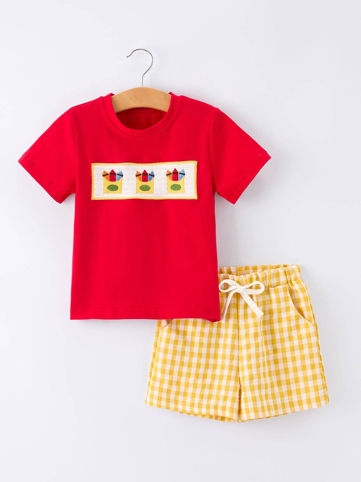Back to School Crayon Smocked Boys Plaid Shorts Set: