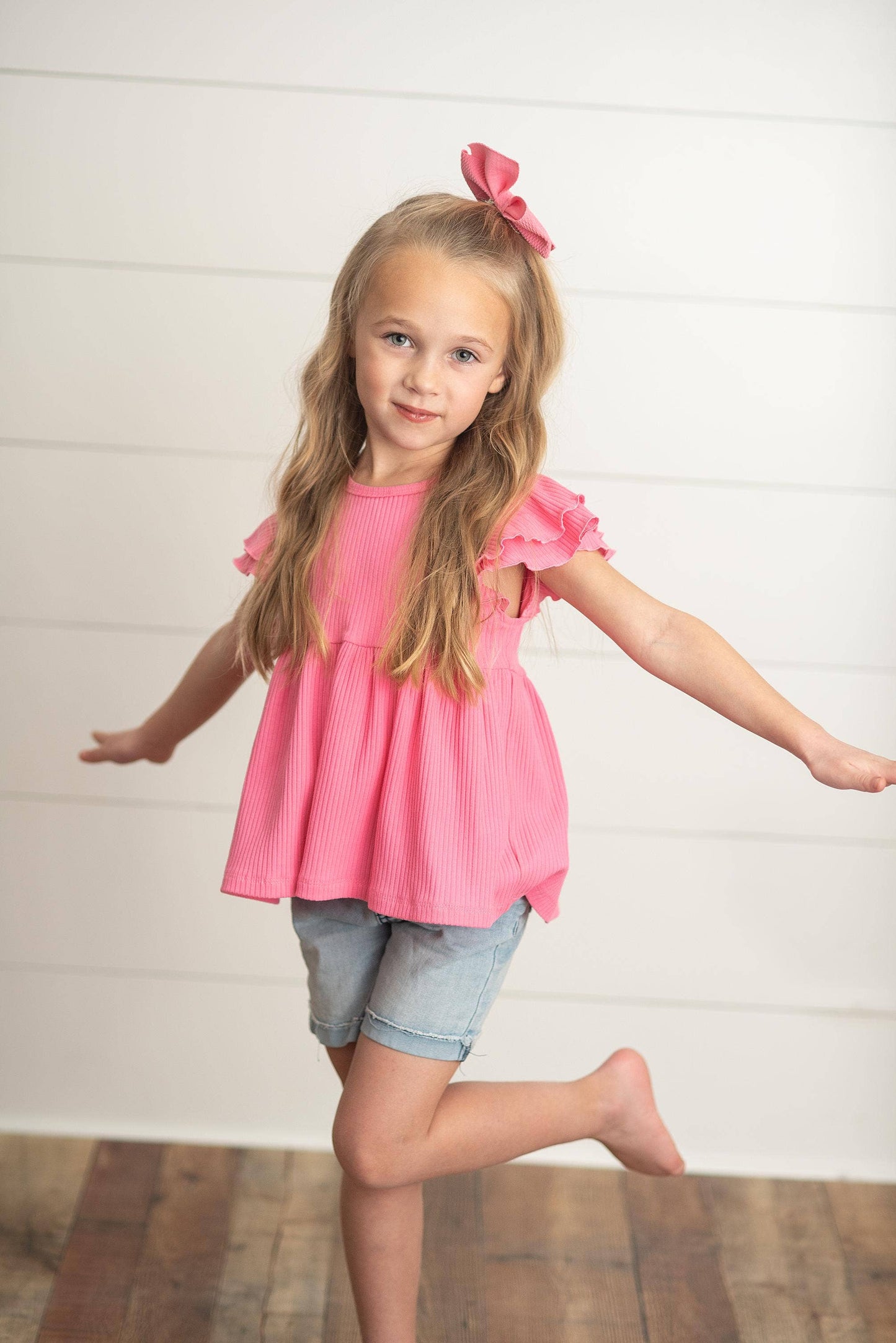 Kids Bright Pink Double Ruffle Flutter Sleeve Summer Shirt: