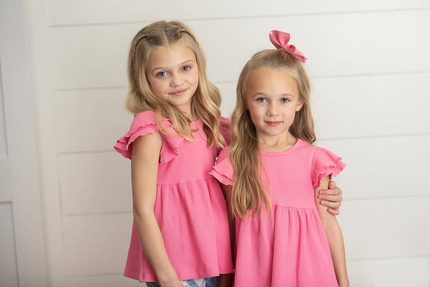Kids Bright Pink Double Ruffle Flutter Sleeve Summer Shirt: