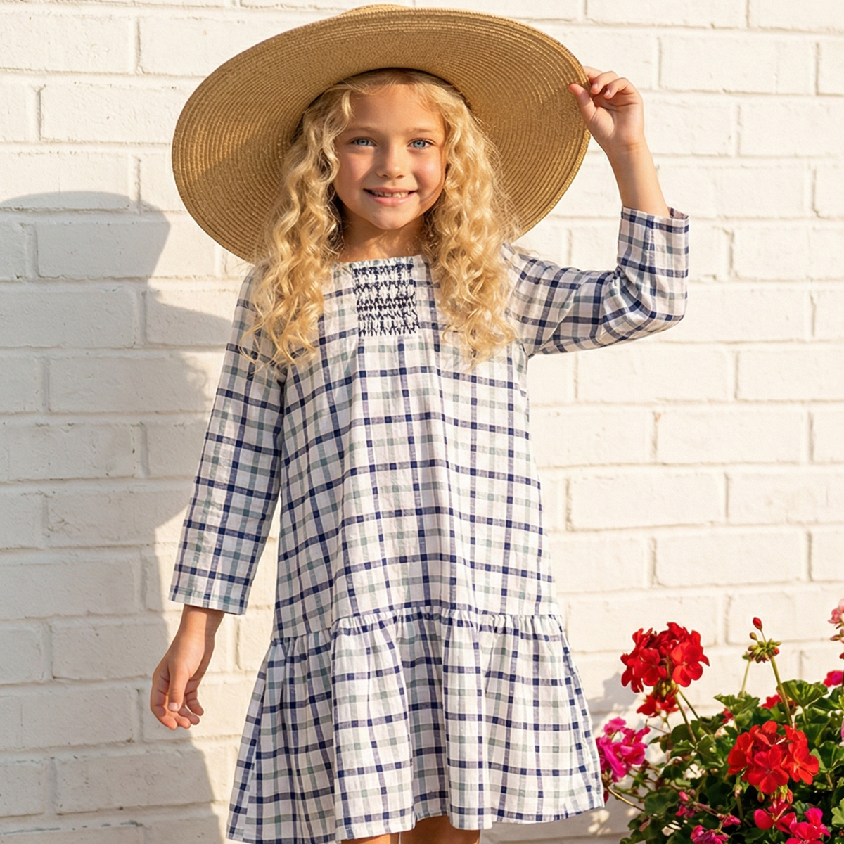 Girls Navy & White Plaid Smocked Ruffle Spring Dress