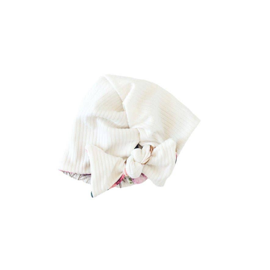 RUCHED BEANIE WITH BOW: Dusty Roses / 0-6m