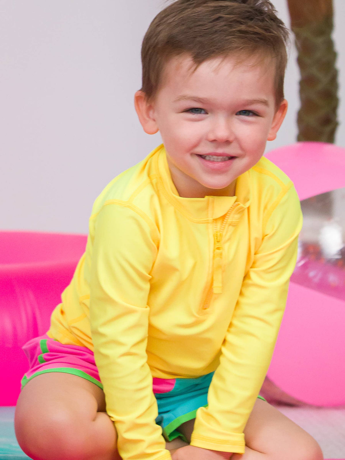 Boys Neon Yellow Long Sleeve Zipper Rash Guard: Yellow