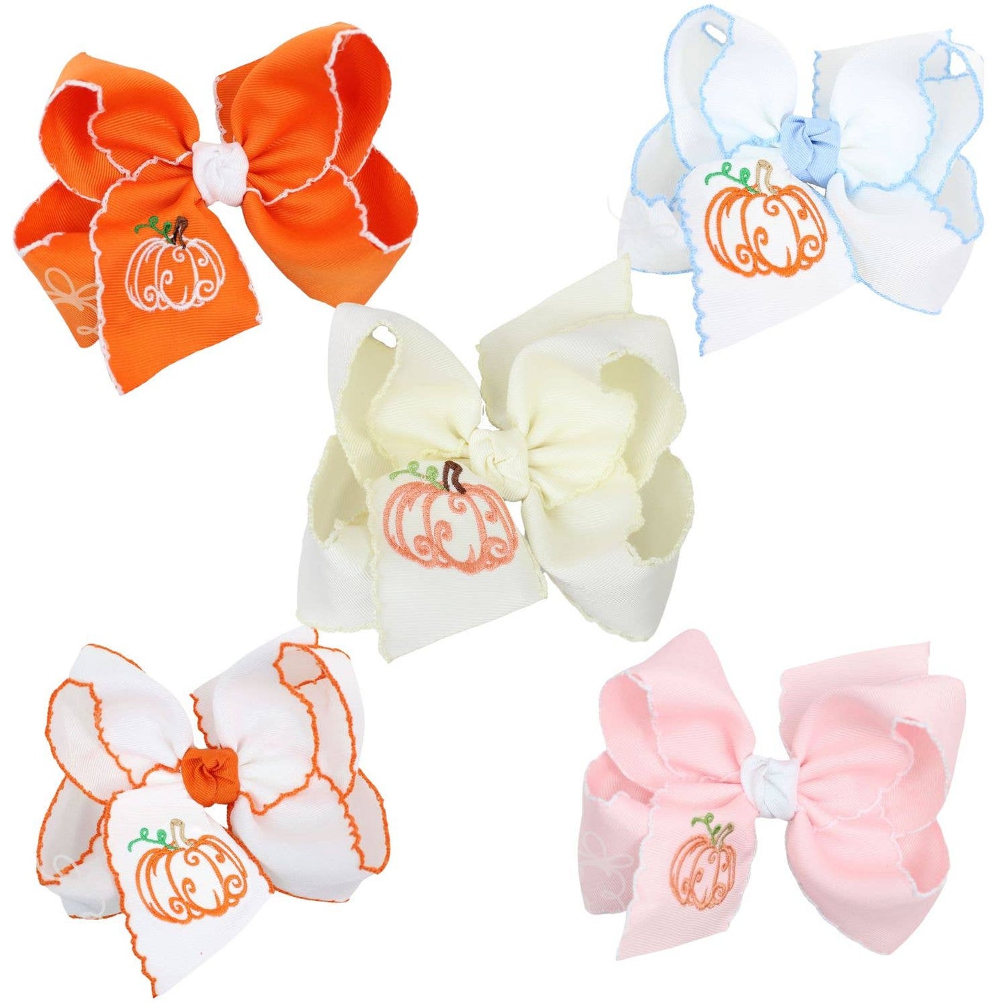 Embroidered Pumpkin Crochet Edge Bow: White-Millennium Blue Crochet Edge w/ Embroidered Orange Pumpkin / 5.5" Huge - 2.25" Crochet Edge Grosgrain Ribbon