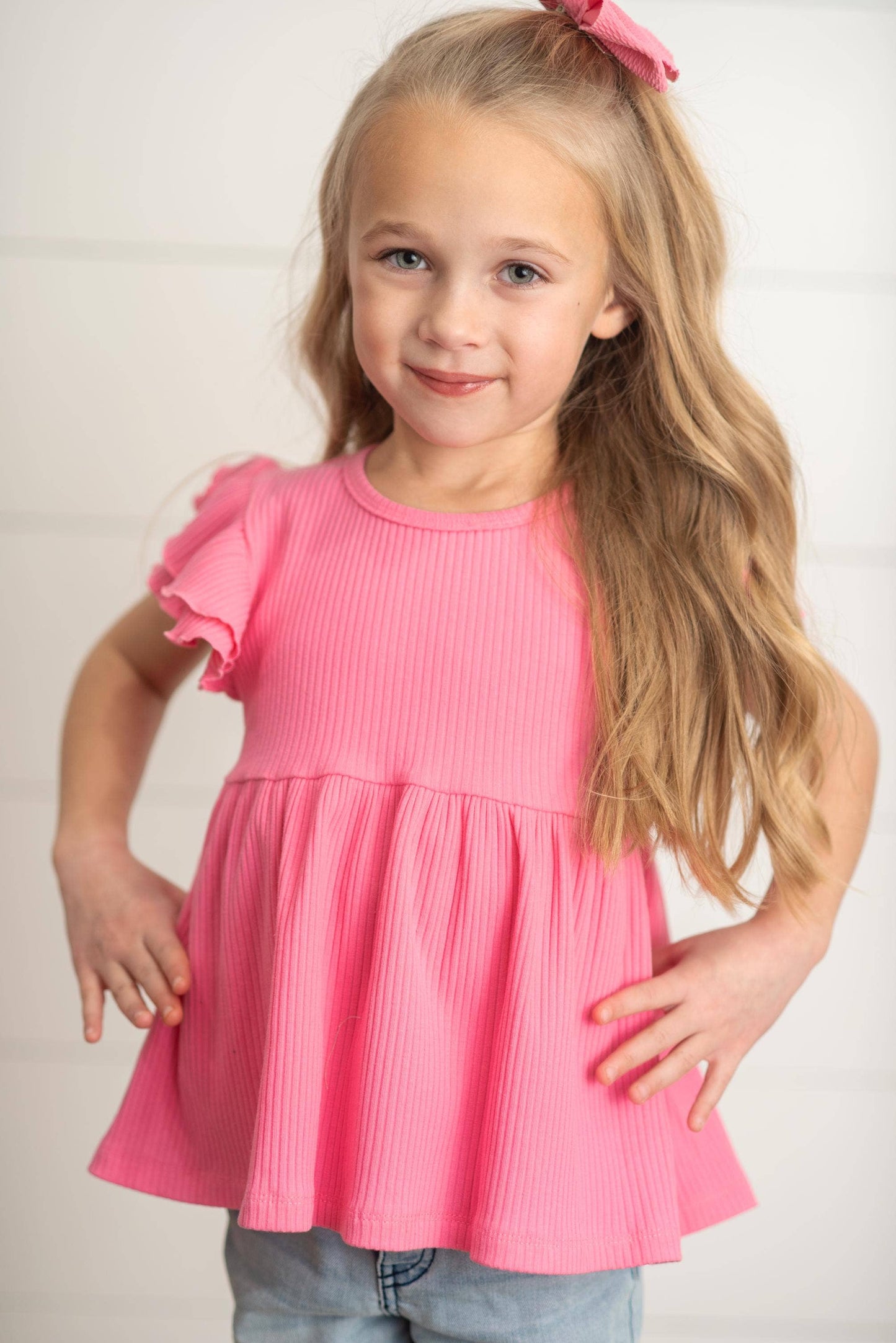 Kids Bright Pink Double Ruffle Flutter Sleeve Summer Shirt: