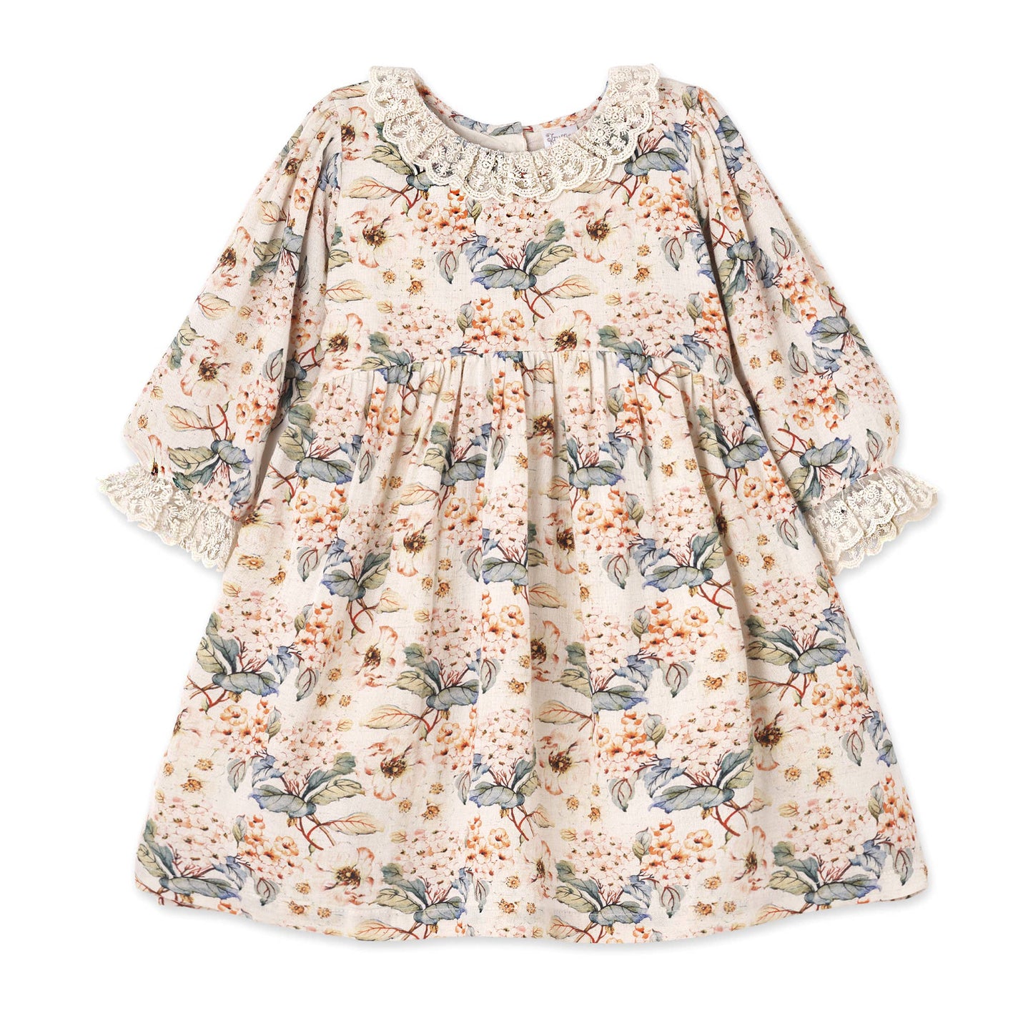 Vintage Floral Dress with Lace Collar Ruffles, Linen Blend: