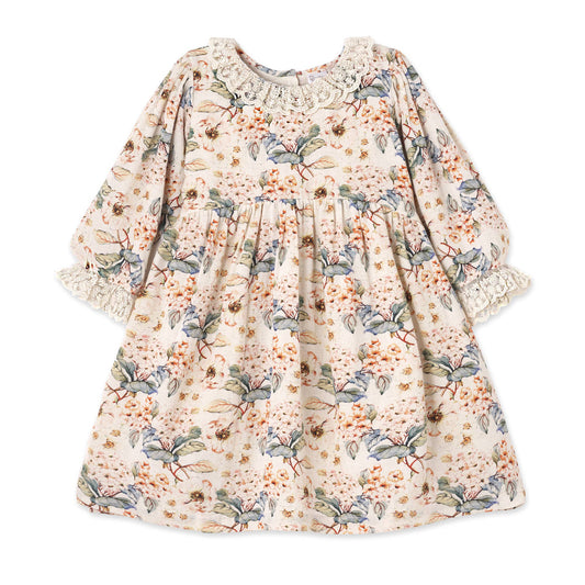 Vintage Floral Dress with Lace Collar Ruffles, Linen Blend: