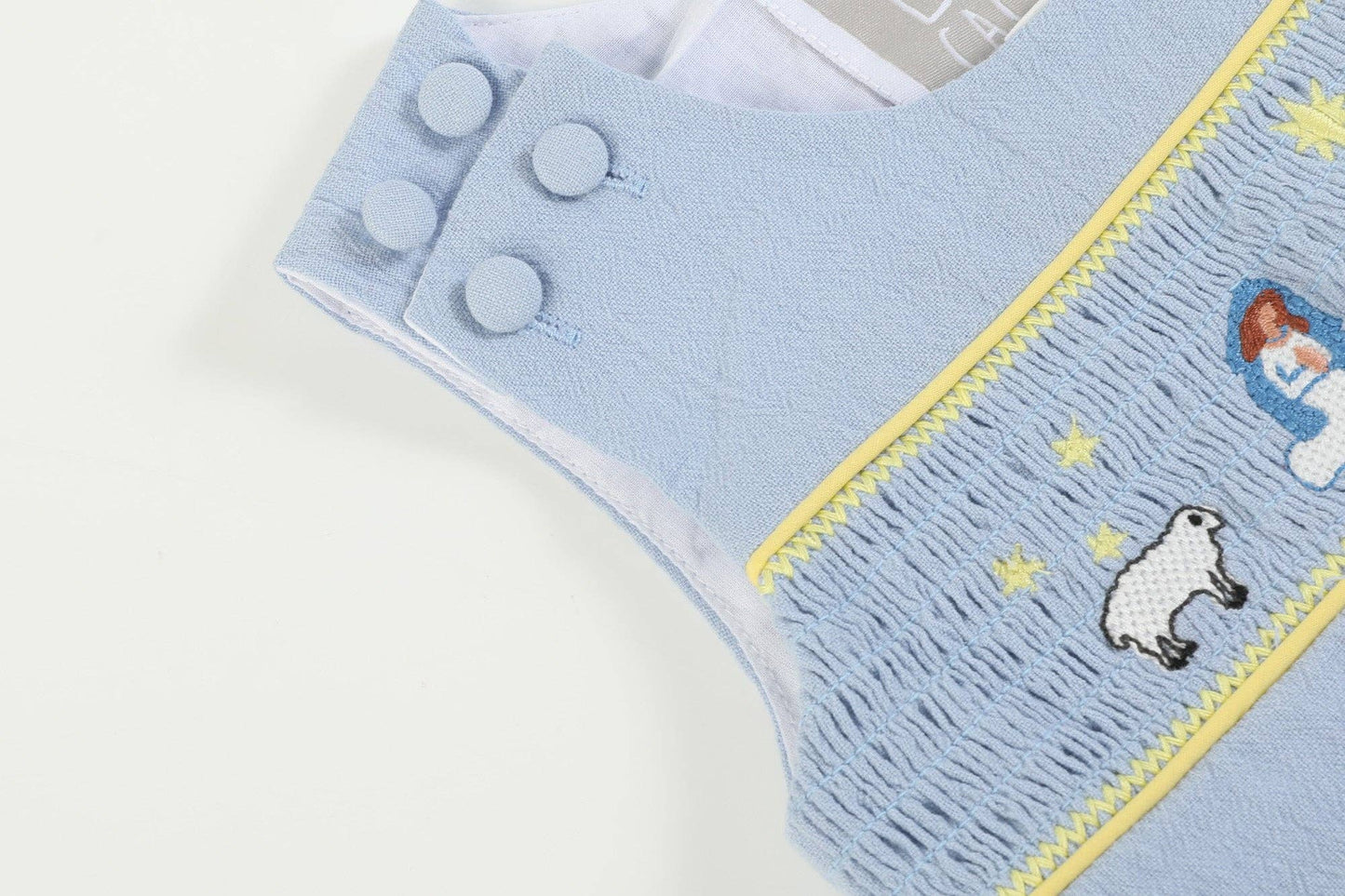 Light Blue Nativity Smocked Overalls: 3-6M