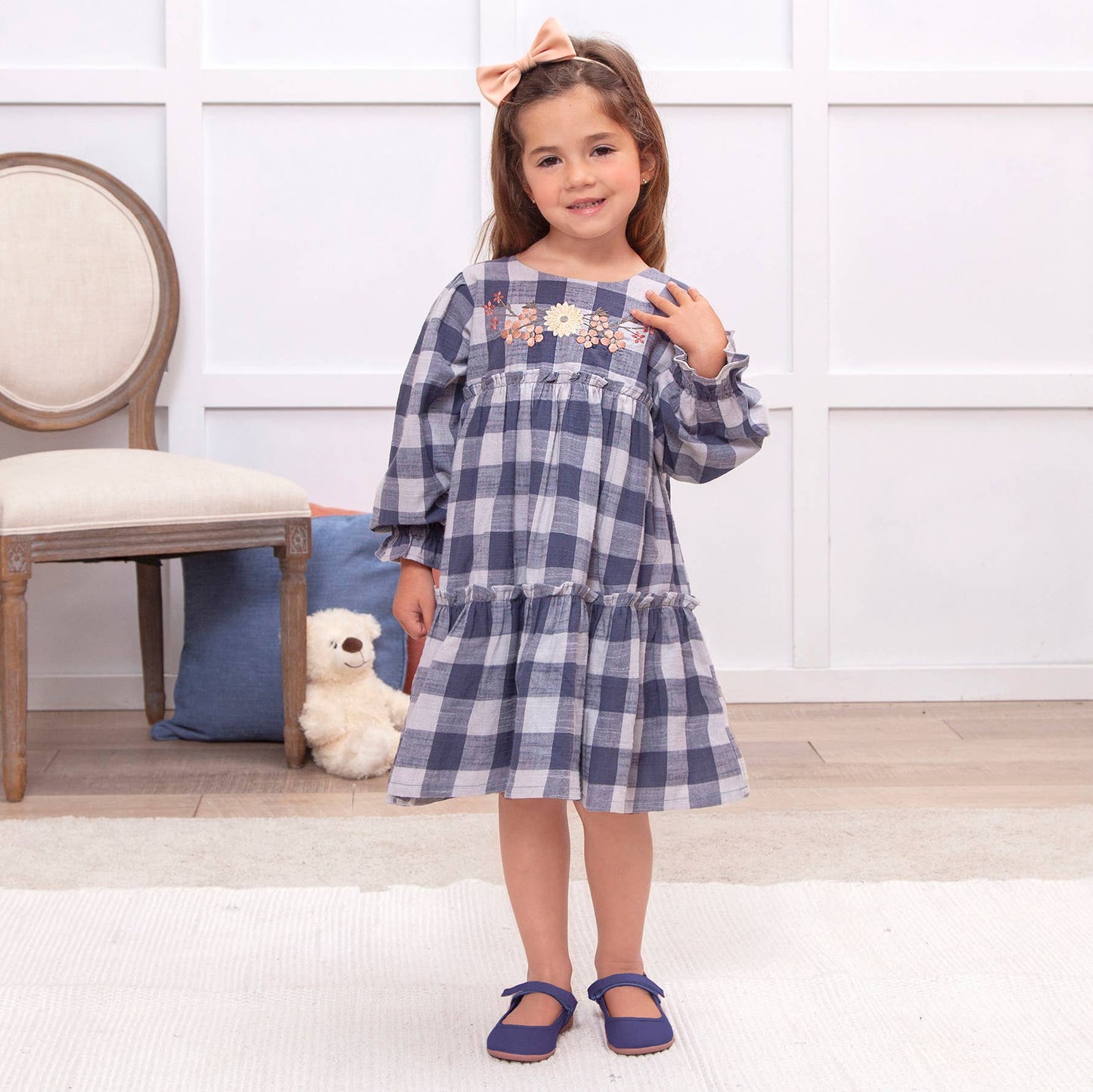 Buffalo Check Girls Dress – Floral Embroidery & Ruffles