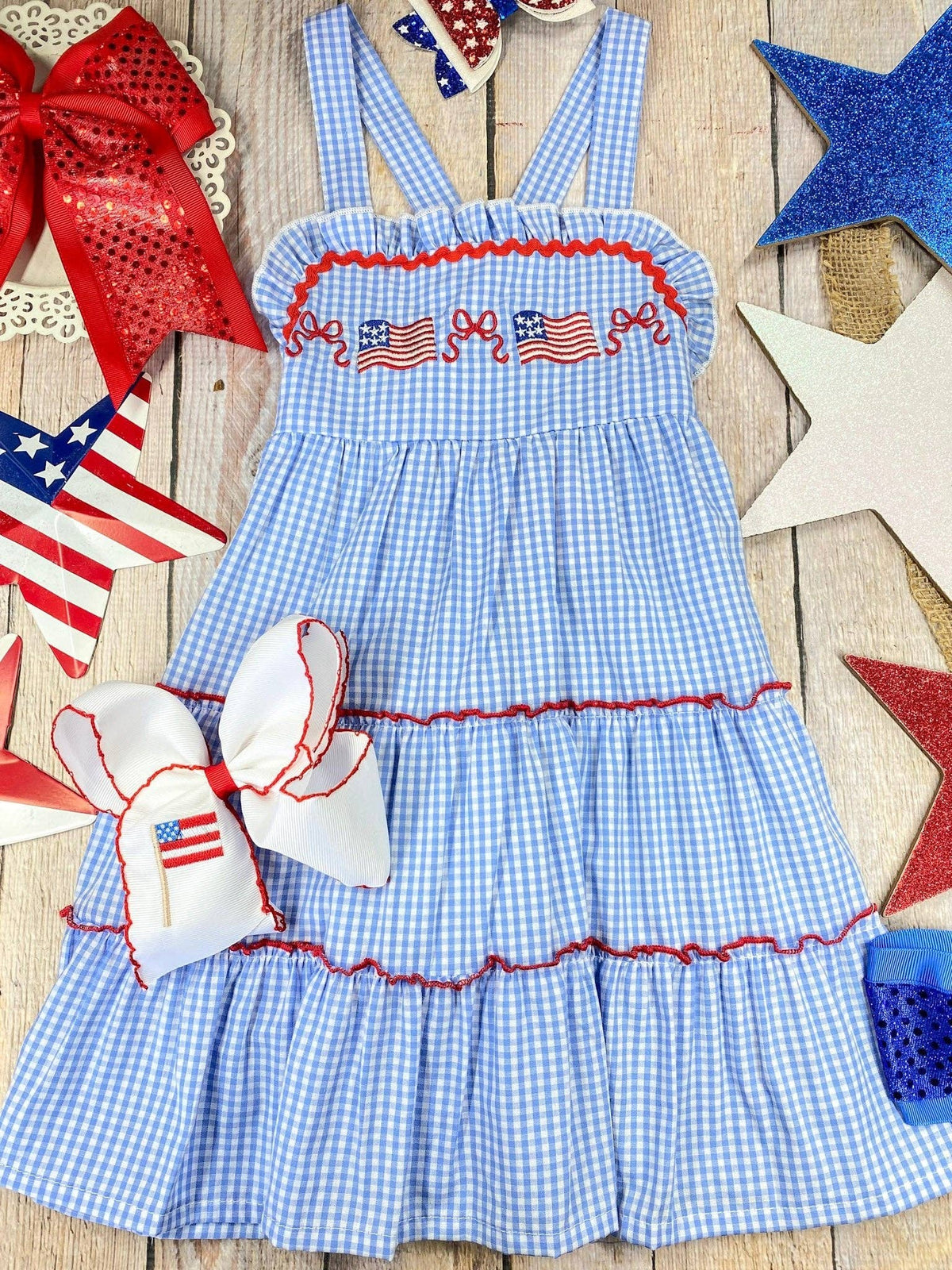 Blue Gingham American Flag Tiered Dress | Girls Patriotic Ruffle Dress