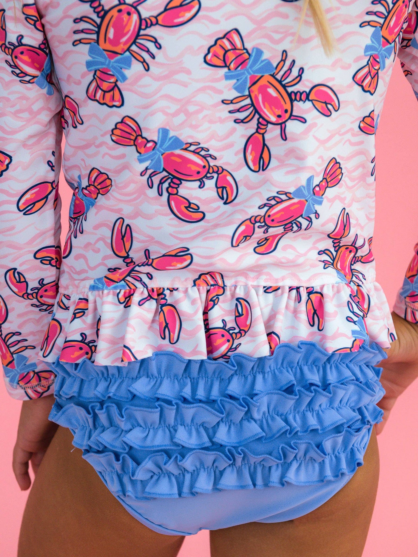 Girls Pink Lobster Lagoon Long Sleeve Rash Guard 2-Piece Swimsuit with Signature Rear Ruffles