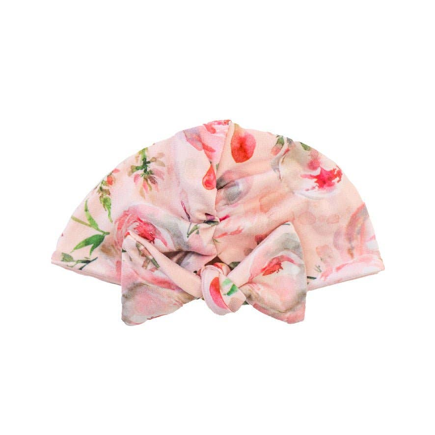 RUCHED BEANIE WITH BOW: Dusty Roses / 0-6m