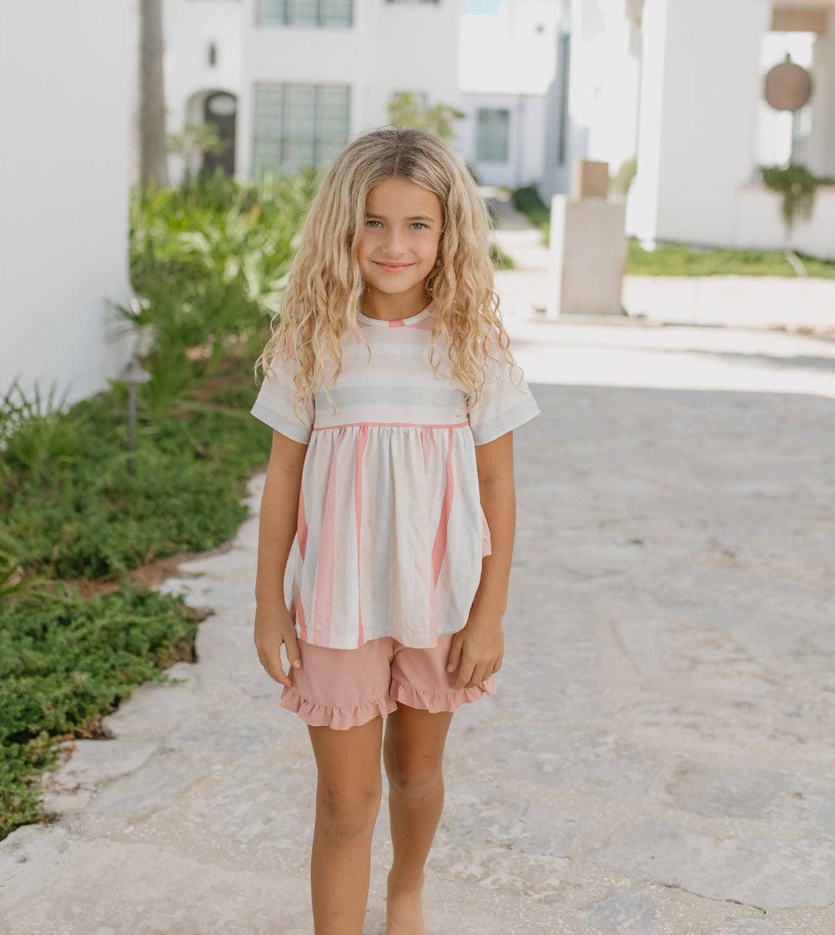 Kids Sand Blush Stripe Pocket Ruffle Spring Summer Short Set