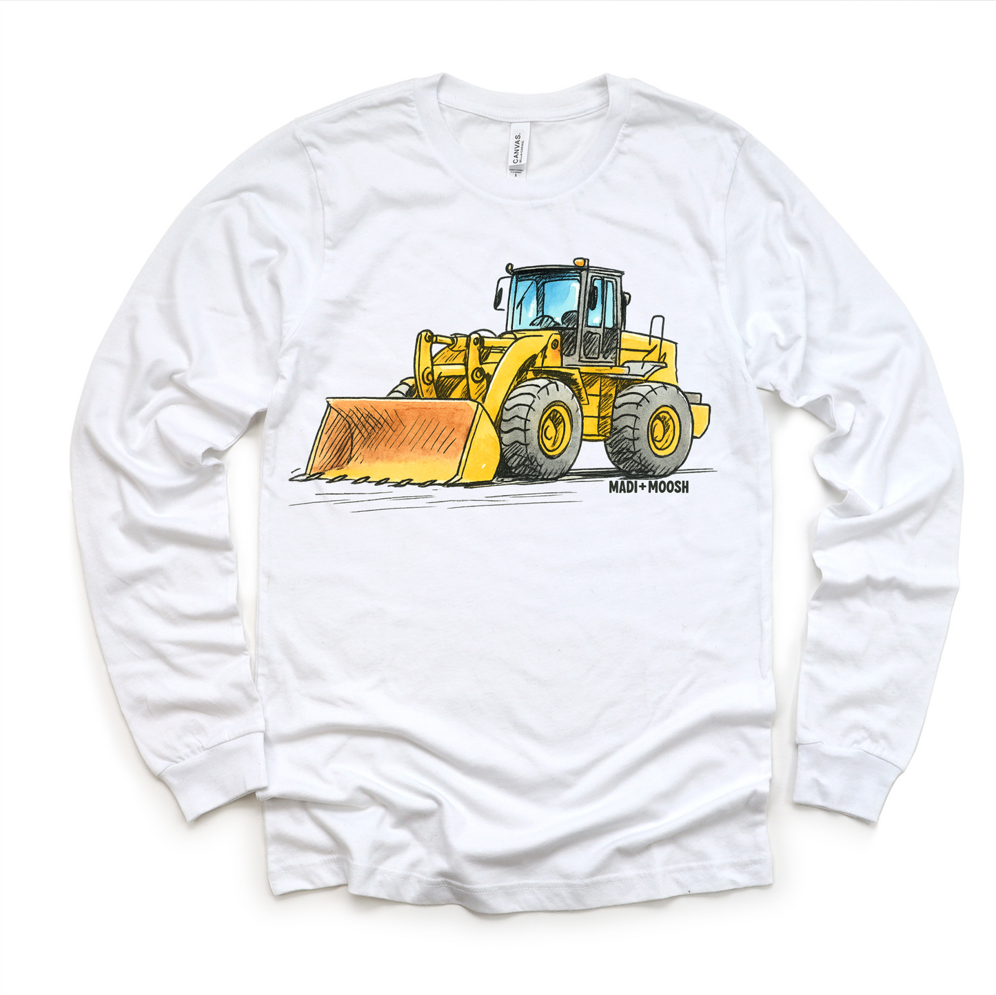 Bulldozer Construction T-Shirt - Sketch Art Tee: White Long Sleeve Tee