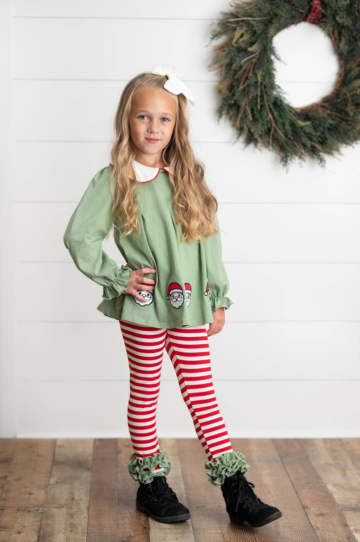 Kids Christmas Candy Cane Stripe Santa Ruffle Legging Set