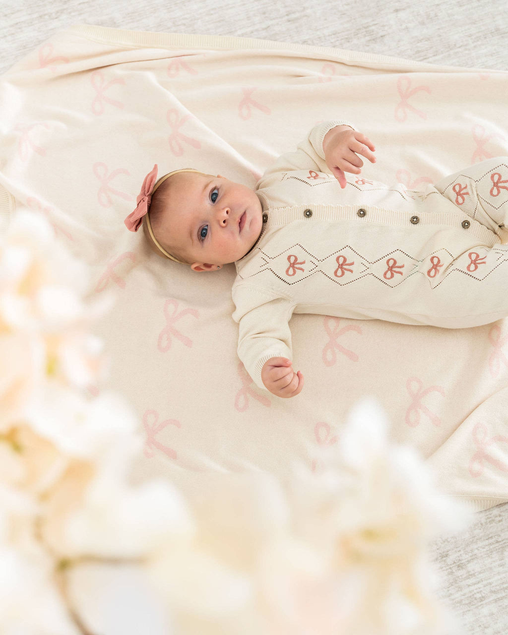 Evie Bow Pointelle Knit Baby Jumpsuit (Organic Cotton): Ecru