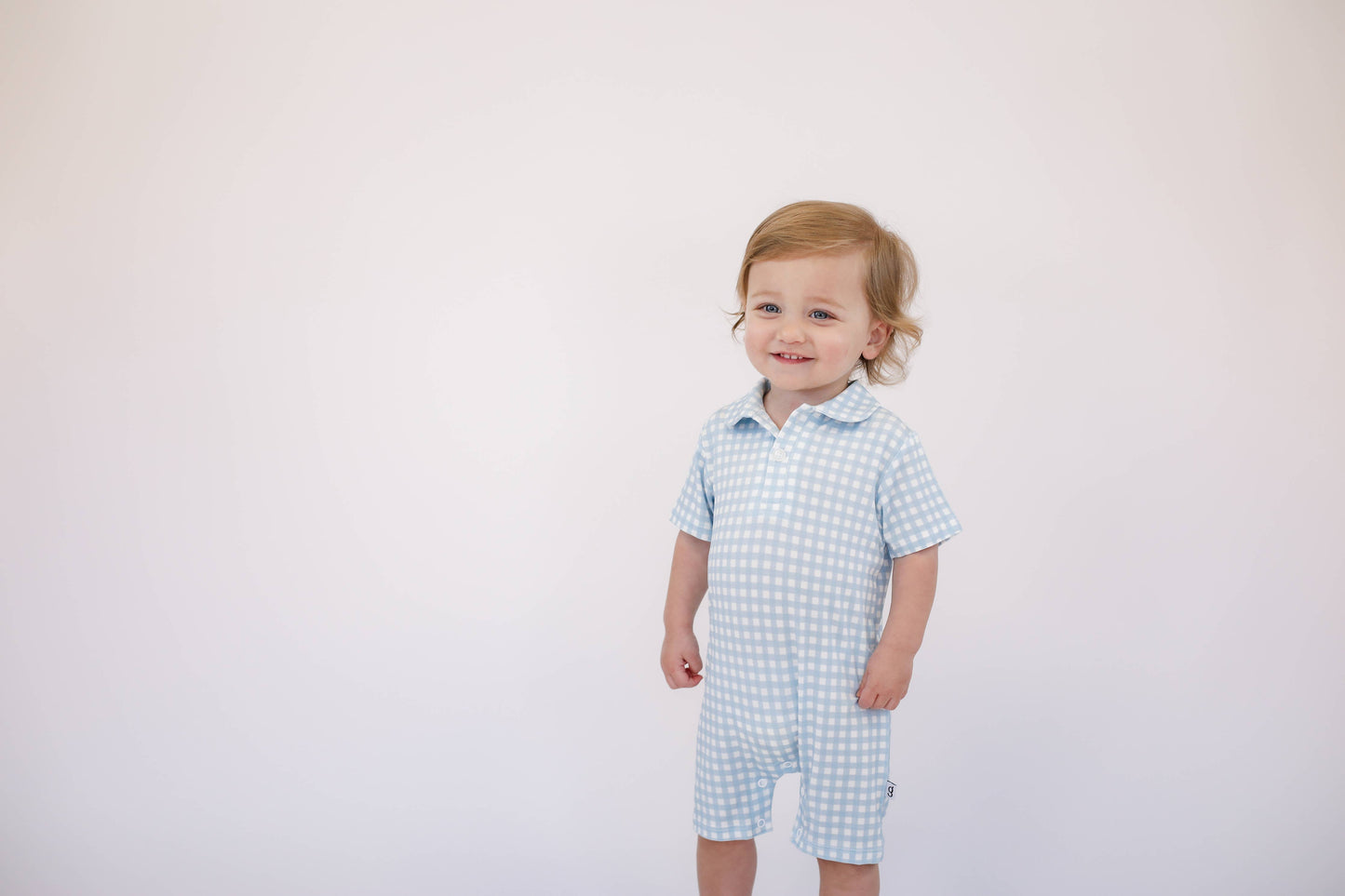 Baby Blue Gingham- Short Sleeve Polo Romper: 6-12 mo