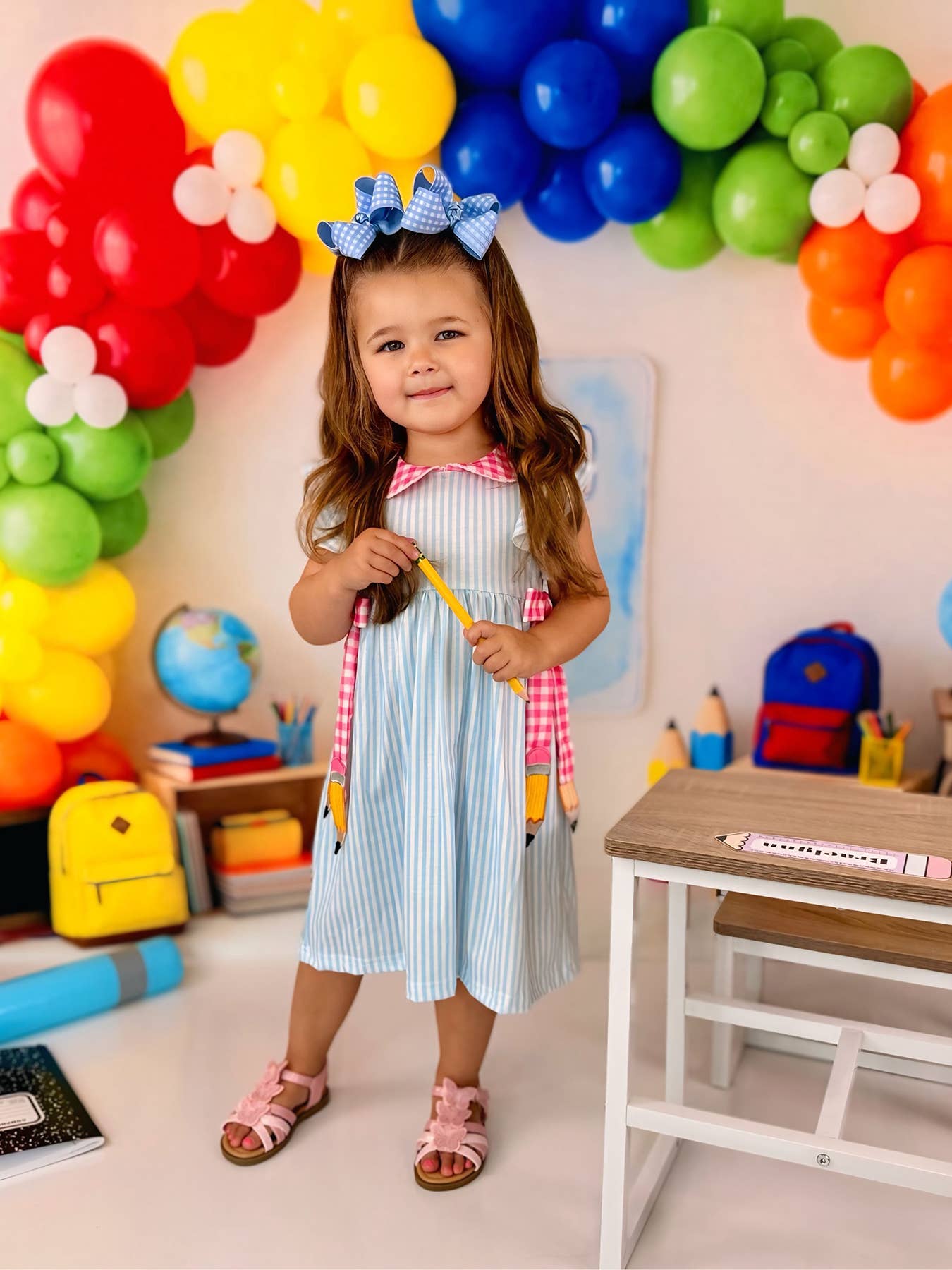 Back To School Girls Striped lapels Bow Dress: 7