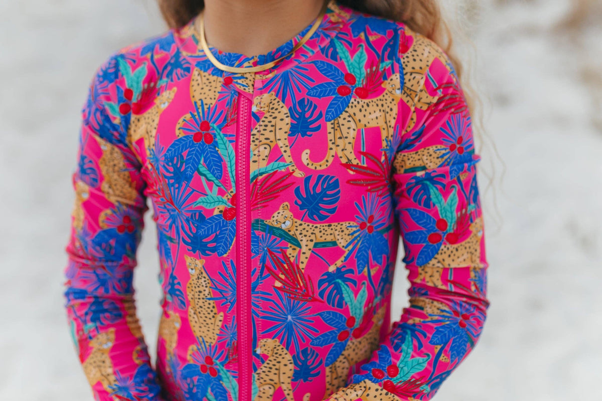 Kids Mia Tropical Cheetah Zip Rash Guard One Piece Swimsuit