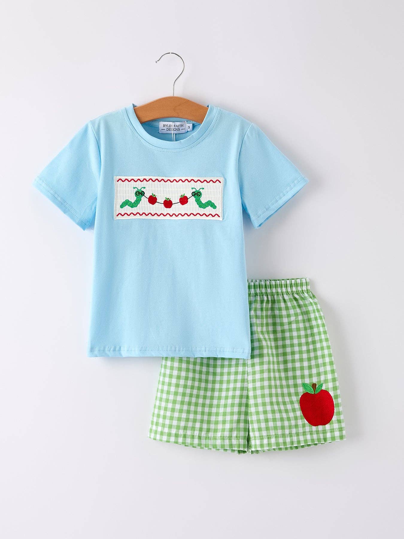 Boys Back to School Smock Embroidered Top+ Plaid Shorts: