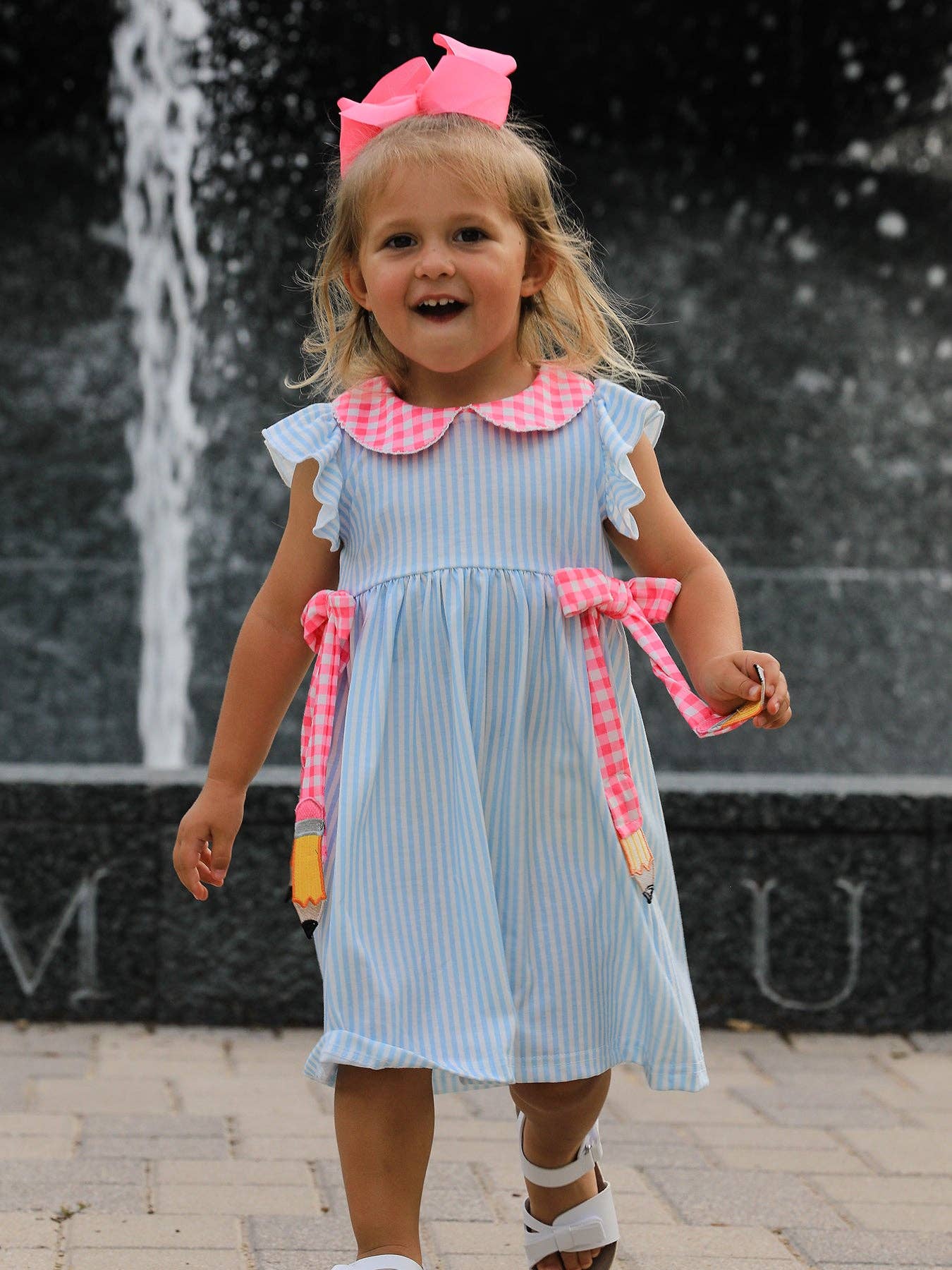Back To School Girls Striped lapels Bow Dress: 7