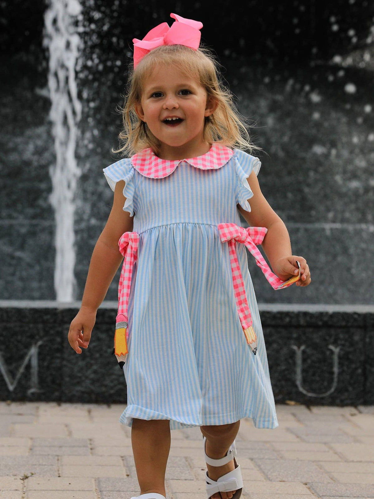 Back To School Girls Striped lapels Bow Dress: 7