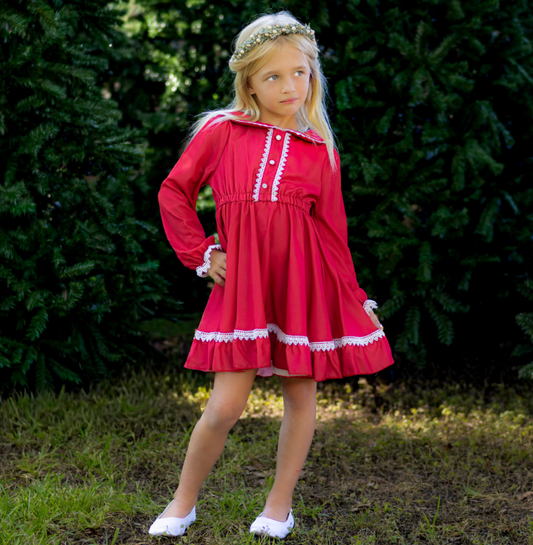Madeline Lace Peter Pan Dress - Red