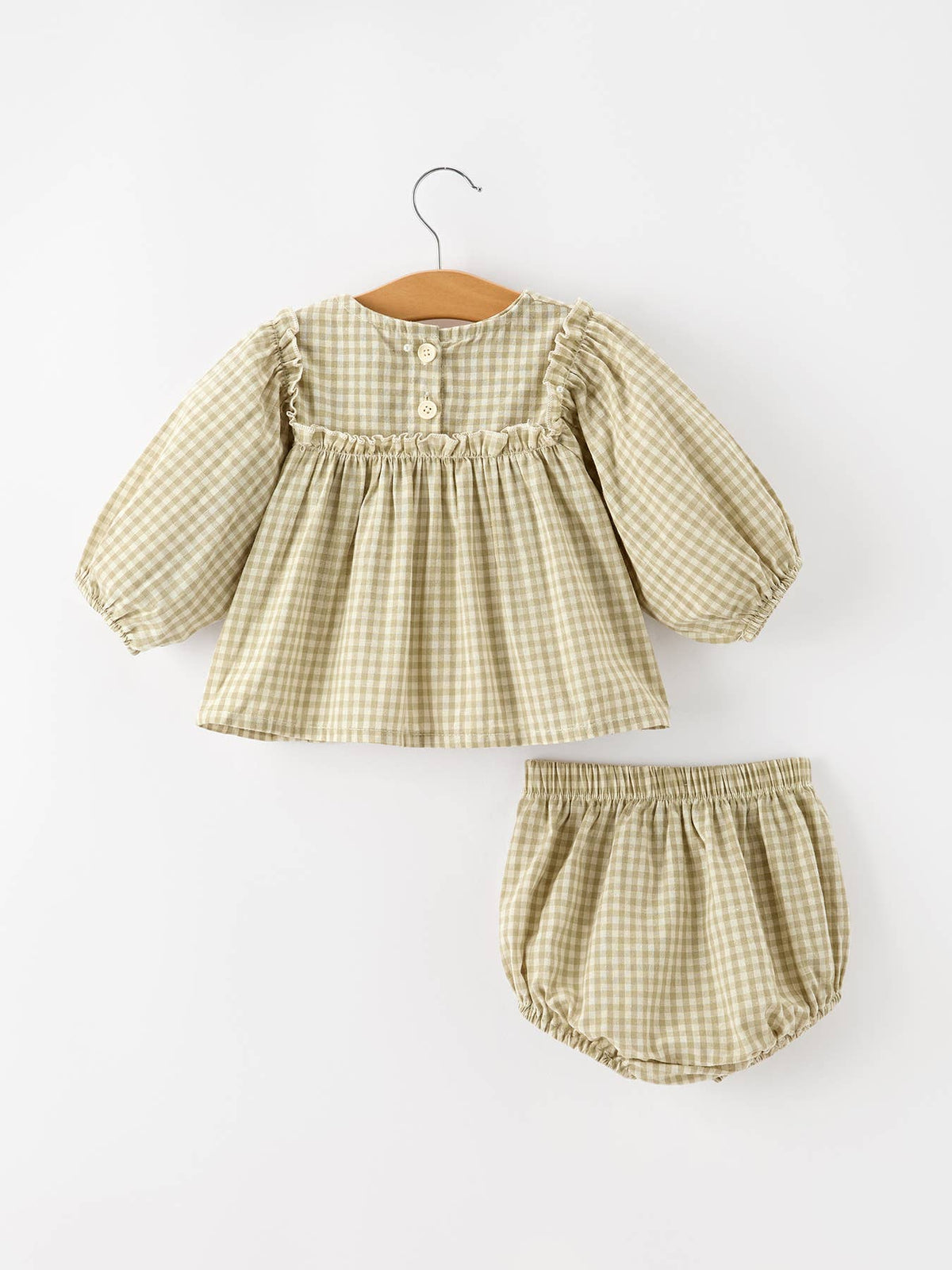 Gingham Baby Romper with Long Sleeve Puff Design: Brown