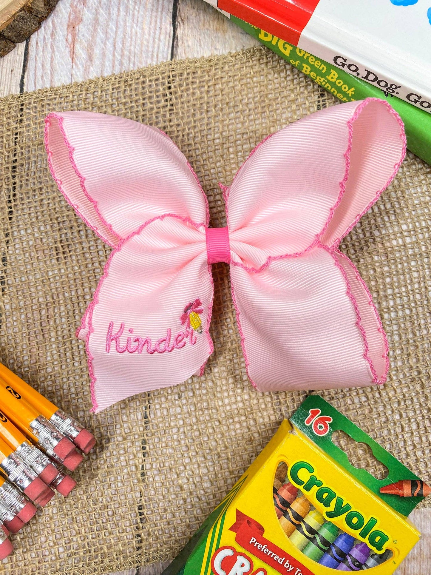 School Grade Embroidered Pencil Moonstitch Bow | Pre-K to 5th Grade: 2nd Grade