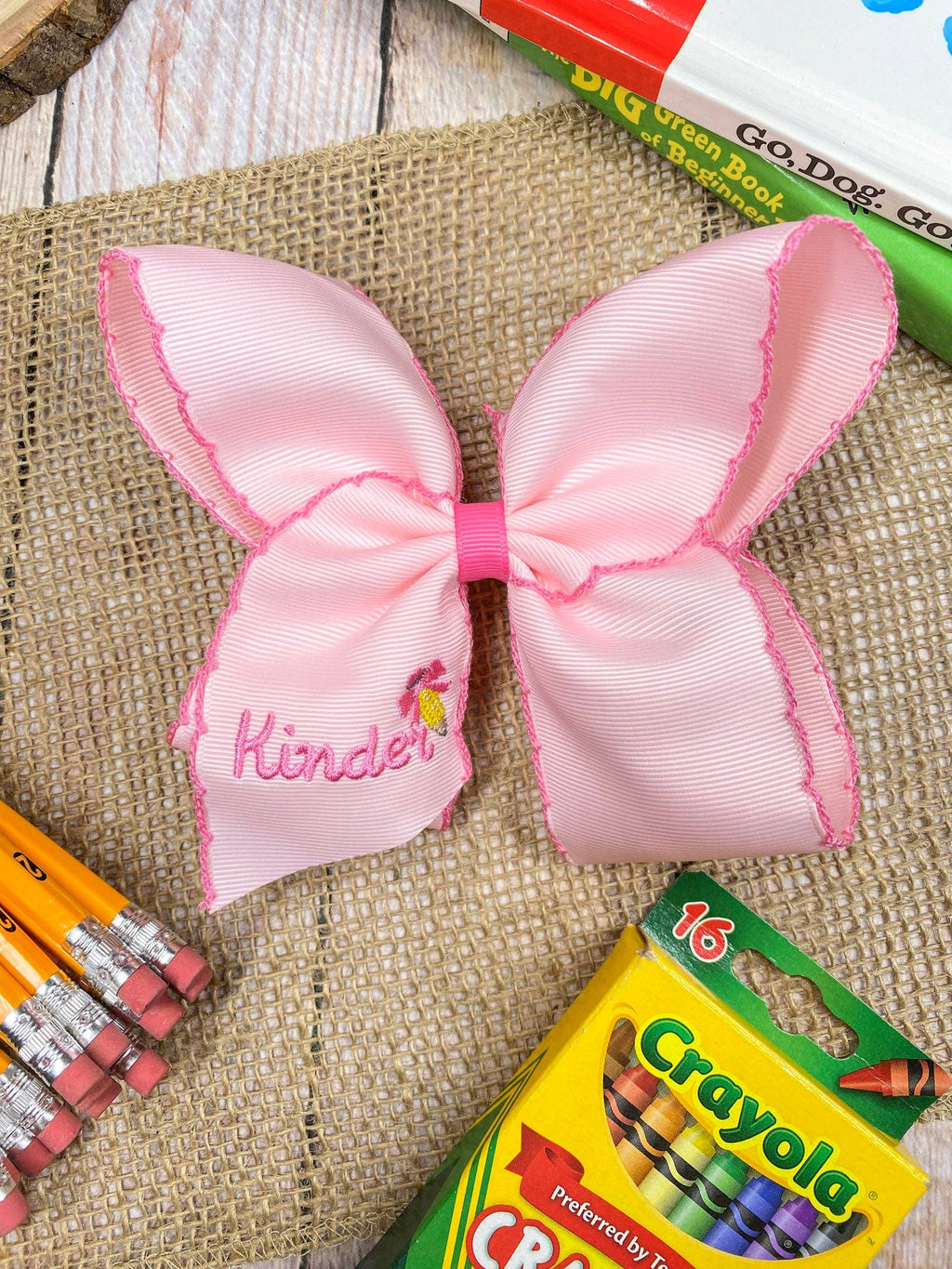 School Grade Embroidered Pencil Moonstitch Bow | Pre-K to 5th Grade: 1st Grade