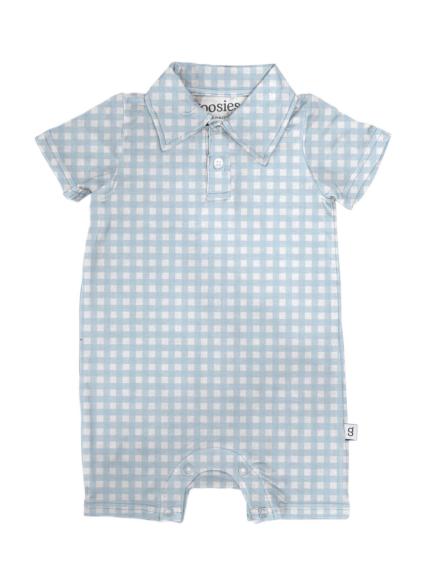 Baby Blue Gingham- Short Sleeve Polo Romper: 6-12 mo