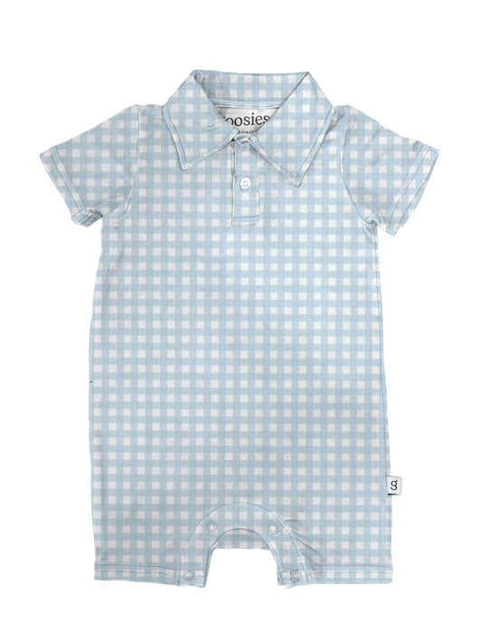 Baby Blue Gingham- Short Sleeve Polo Romper: 6-12 mo