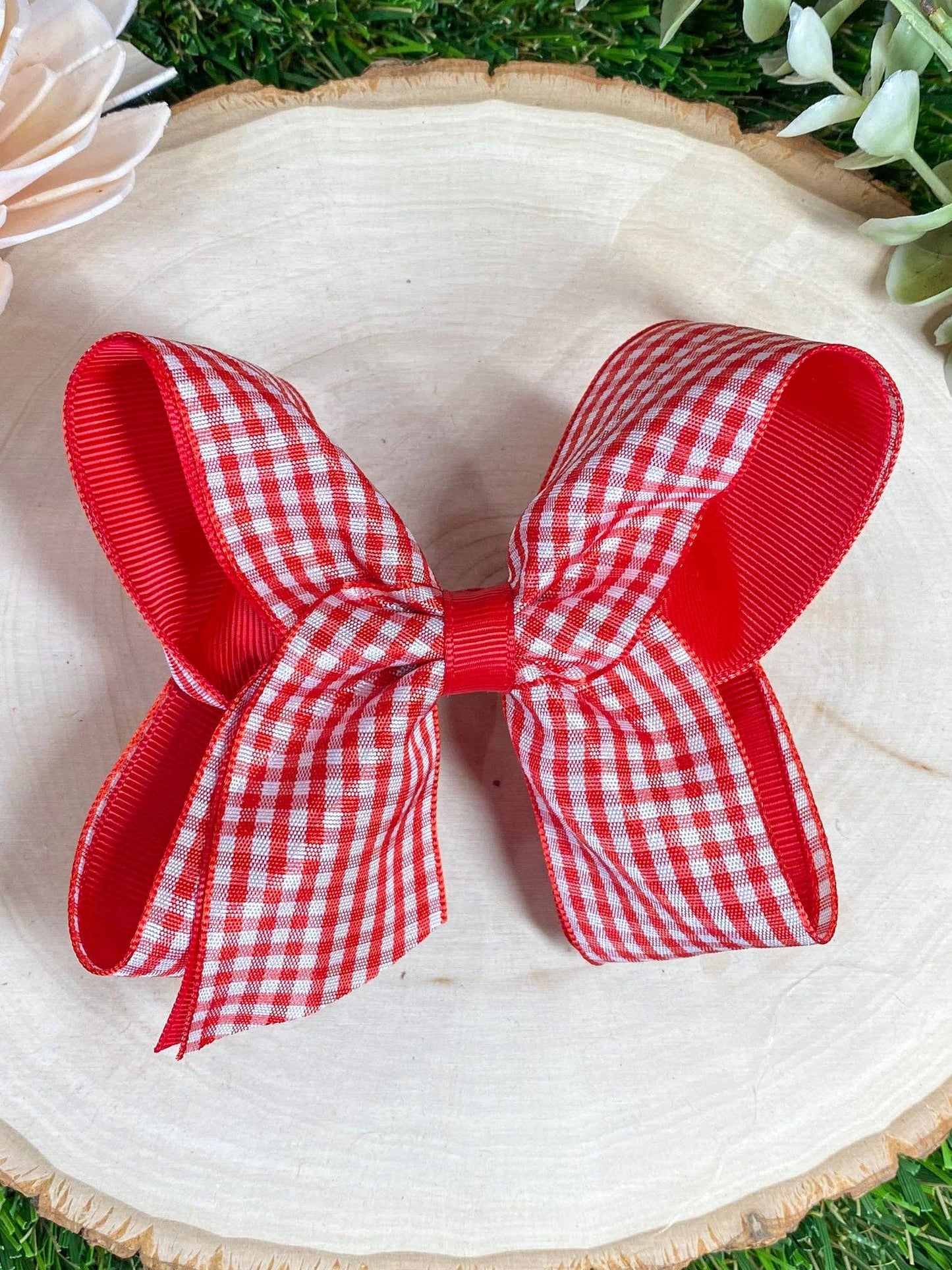 Gingham Classic Boutique Hair Bow | Clip or Headband: Maroon / Double Prong Alligator Clip