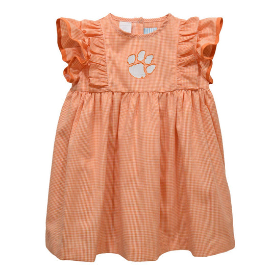 Clemson Tigers Embroidered Orange Gingham Ruffle Dress: 5