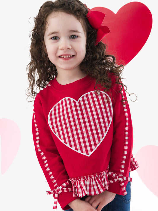 Girls Heart Red Gingham Applique Ruffle Bow Sweatshirt: Red