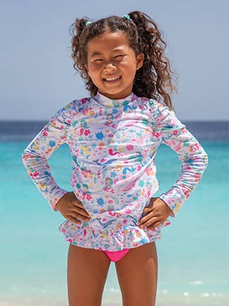 Kids UPF50+ Ruffle Rash Guard Mermaid Friends Swim Top & Sparkling Sunset Bottoms
