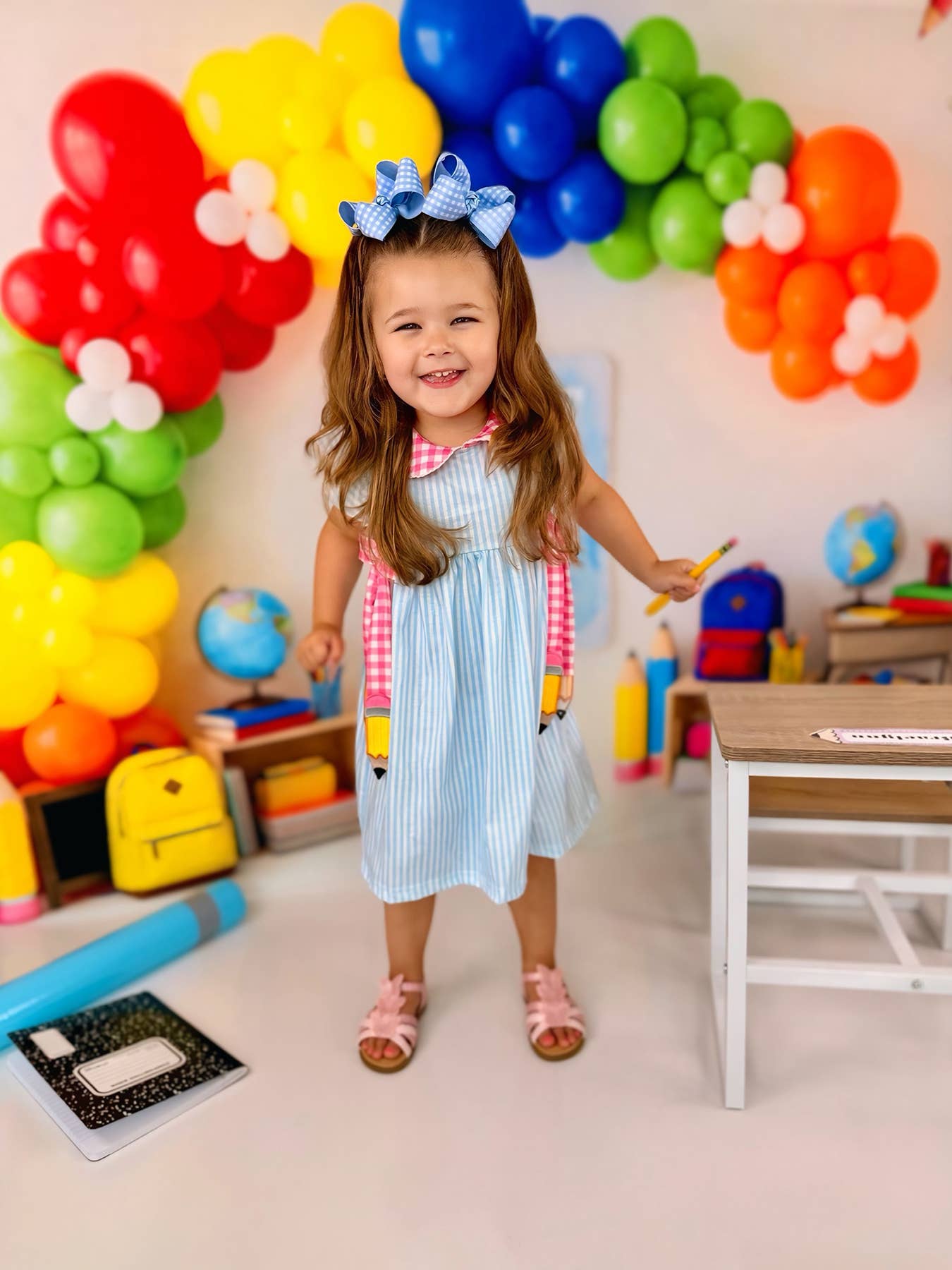 Back To School Girls Striped lapels Bow Dress: 7