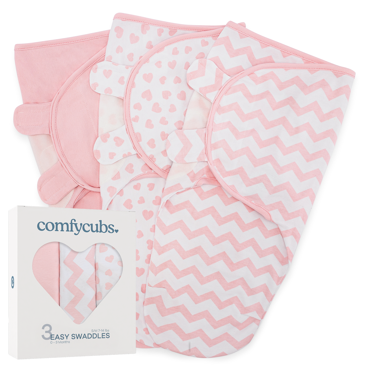 Easy Swaddle Blanket, 3 Pack - 100% Cotton by Comfy Cubs: Pink / Small (0-3 Months)