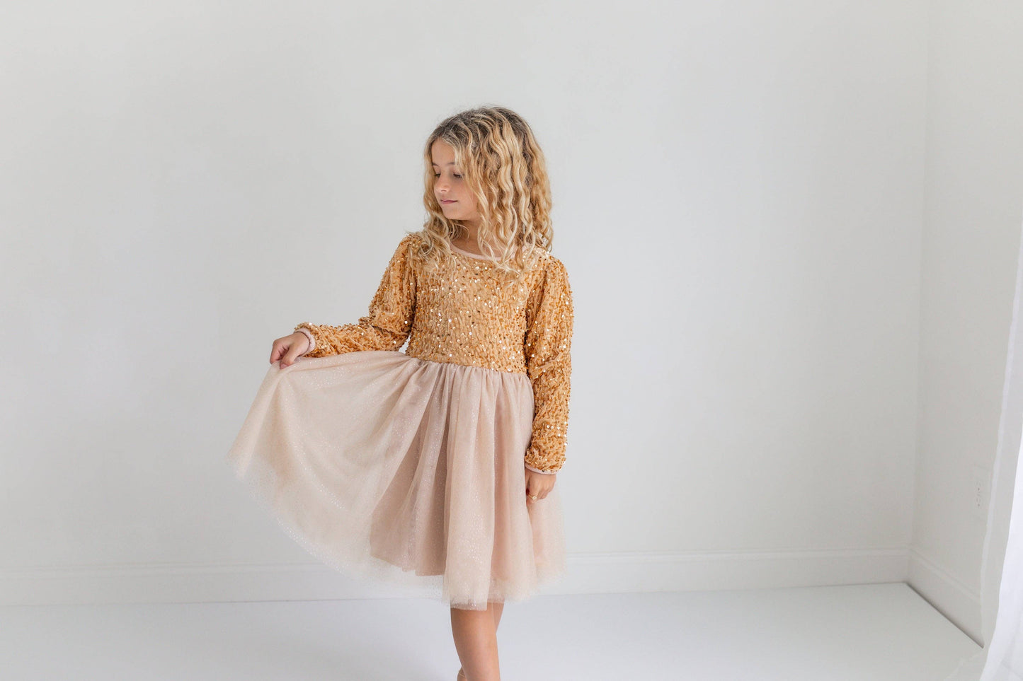 Kids Sequin Champagne Holiday Fancy Sparkle Tulle Dress