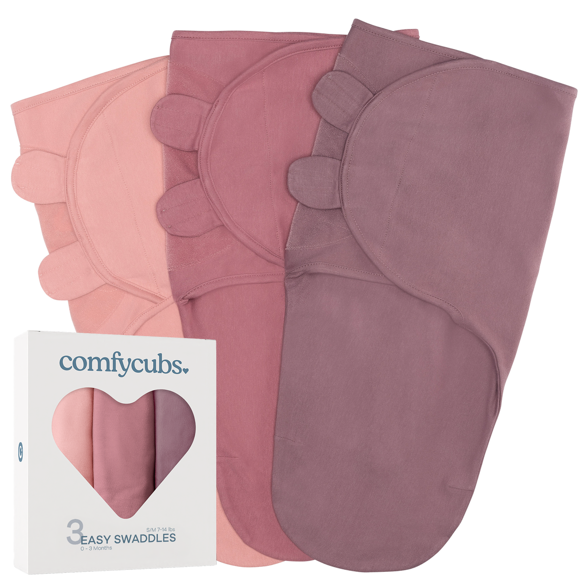Easy Swaddle Blanket, 3 Pack - 100% Cotton by Comfy Cubs: Pink / Small (0-3 Months)