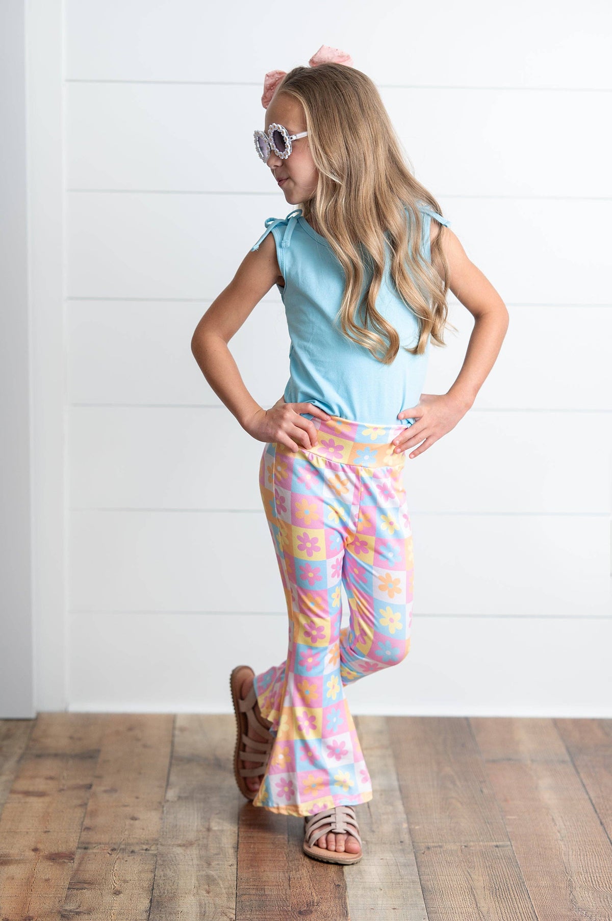 Girls Flare Floral Blue Pink Pastel Summer Spring Pant Set