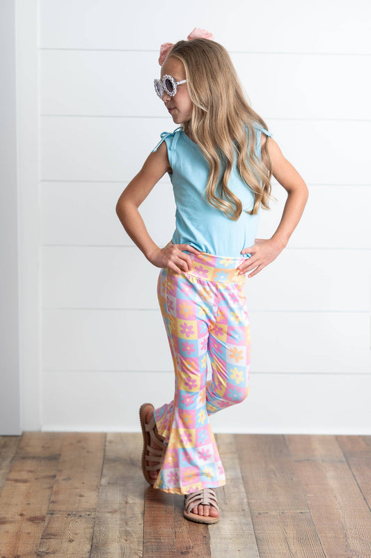 Girls Flare Floral Blue Pink Pastel Summer Spring Pant Set