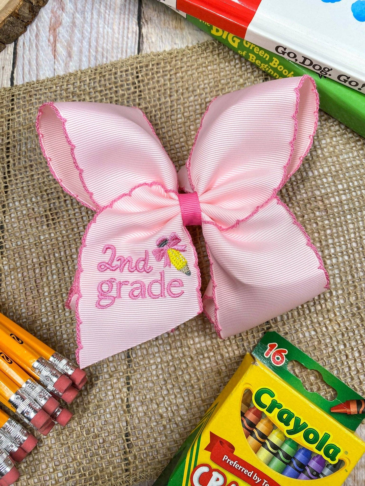 School Grade Embroidered Pencil Moonstitch Bow | Pre-K to 5th Grade: 1st Grade