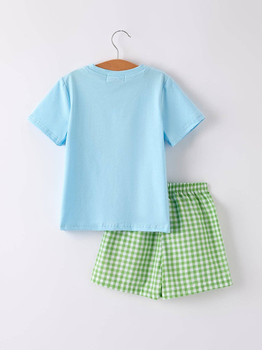 Boys Back to School Smock Embroidered Top+ Plaid Shorts: