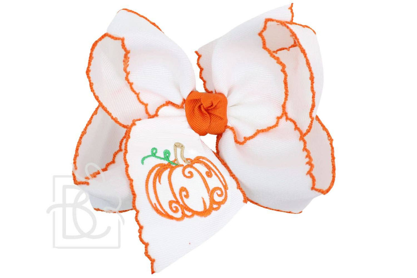 Embroidered Pumpkin Crochet Edge Bow: White-Millennium Blue Crochet Edge w/ Embroidered Orange Pumpkin / 5.5" Huge - 2.25" Crochet Edge Grosgrain Ribbon