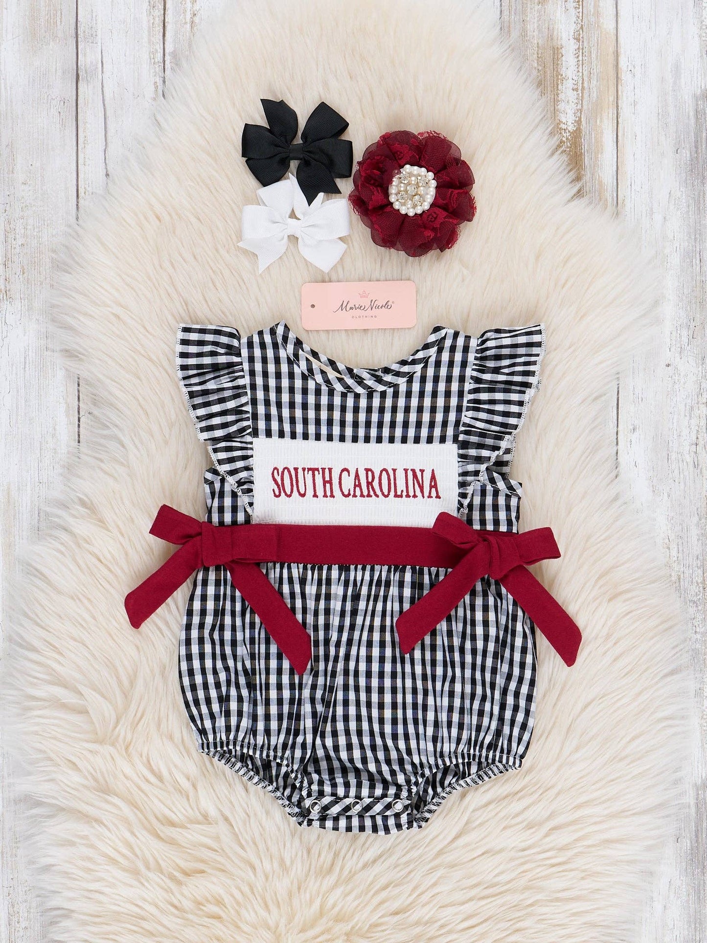 South Carolina Smocked Gingham Bubble Romper